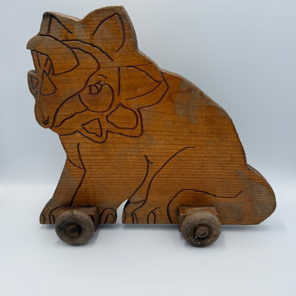 Vintage Wooden Dinosaur Toy Triceratops Hand Carved Folk Art Primitive Wheels